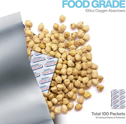 100cc (10 Pack of 10 Packets, Total 100 Packets) Oxygen Absorbers for Food Storage, Food Grade Oxygen Absorbers Packets with Oxygen Indicator for Long Term Storage and Preservation (100CC(100-Pack))