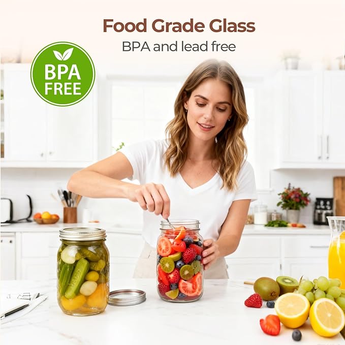 ComSaf Wide Mouth Mason Jars 32 oz with Lids 2 Pcs, Quart Mason Jars with Seal Band, Large Glass Jars, Large Canning Containers for Pickles, Jams, Sauces, Salsa, Sourdough, Salad, Suntea, Food Storage
