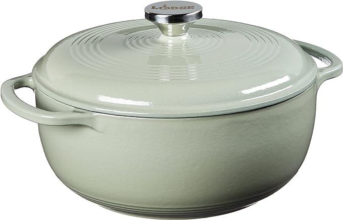 Lodge 4.5 Quart Enameled Cast Iron Dutch Oven with Lid – Dual Handles – Oven Safe up to 500° F or on Stovetop - Use to Marinate, Cook, Bake, Refrigerate and Serve – Desert Sage
