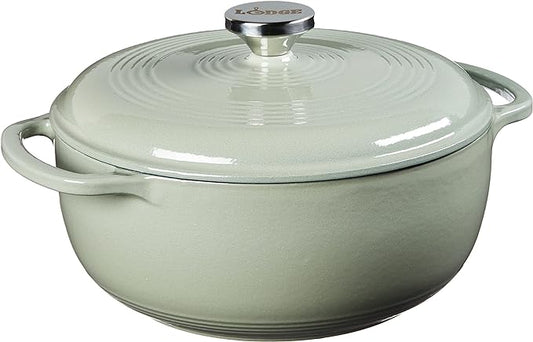 Lodge 4.5 Quart Enameled Cast Iron Dutch Oven with Lid – Dual Handles – Oven Safe up to 500° F or on Stovetop - Use to Marinate, Cook, Bake, Refrigerate and Serve – Desert Sage
