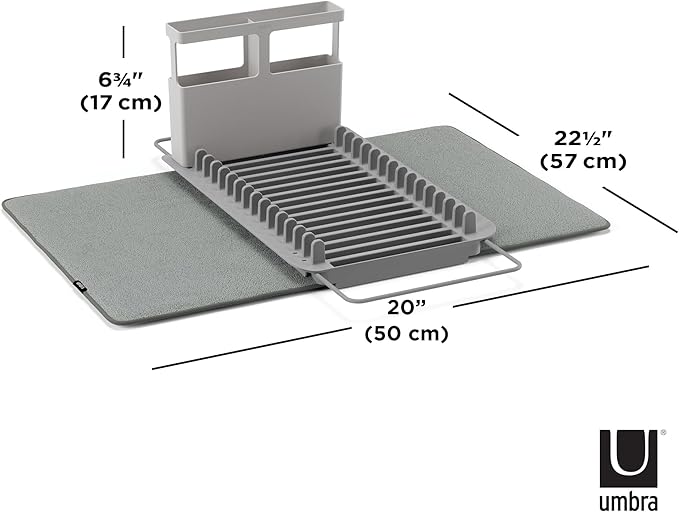 Umbra Udry Dish Rack and Microfiber Drying Mat – Space-Saving Design Folds Up for Easy Storage, Over-Sink Rack, Gray