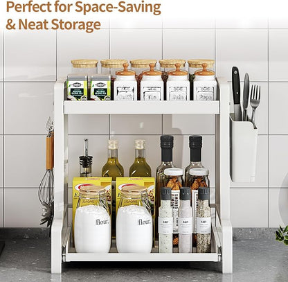 INGIORDAR Spice Rack 2 Tier Metal Standing Kitchen Seasoning Storage Shelf with Hanging Basket Pull Out Countertop Organizer for Counter, Cabinet, Pantry, Bathroom, Bedroom (White)