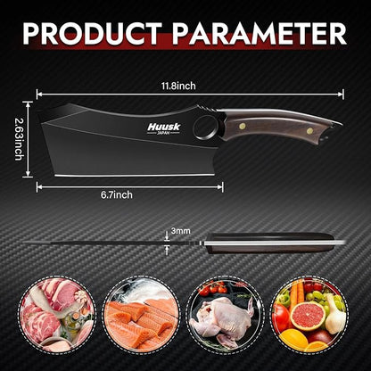 Huusk Cleaver Knife, 6.7 Inch Full Tang Meat Cleaver with Leather Sheath, Vegetable Chopper Butcher Knives for Kitchen, Cooking, BBQ, Gift for Men