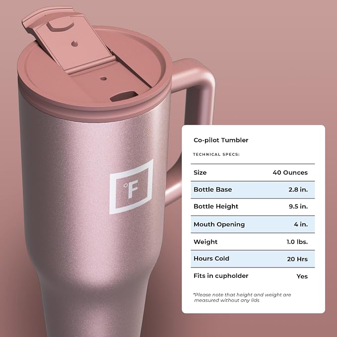 IRON °FLASK Co-Pilot Insulated Mug w/Straw & Flip Cap Lids - Cup Holder Bottle for Hot, Cold Drink - Leak-Proof - Water, Coffee Portable Travel Mug - Rose Gold, 40 Oz