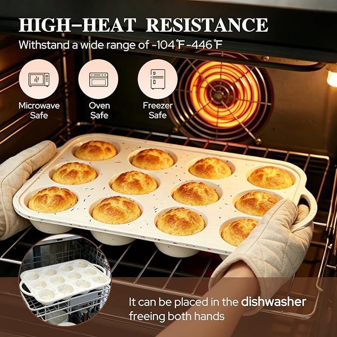 2 Pack Silicone Muffin Pans for Baking, 12 Cup Cupcake Pan with Metal Reinforced Frame, 3 Baking Tools Included, Nonstick Molds for Homemade Muffins, Cupcakes, Egg Bites, Oven Dishwasher Safe