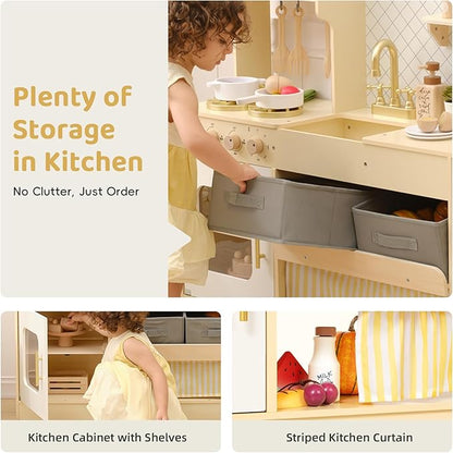 OOOK Wooden Pretend Play Kitchen Set with Storage System, Kids Play Kitchen with Plenty of Play Features, Toddler Kitchen Playset for Toddlers 3-5