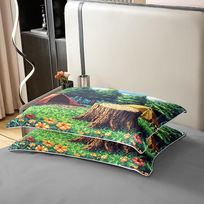 100% Nature Cotton Camper Tent Duvet Cover Queen Size 3 Pcs Pixel Style Camping Bedding Set Room Decor Gifts Video Games Comforter Cover,Comforter Not Included
