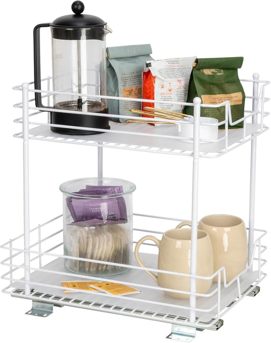 Household Essentials White Steel Two-Tier Pantry Organizer with Plastic Accents