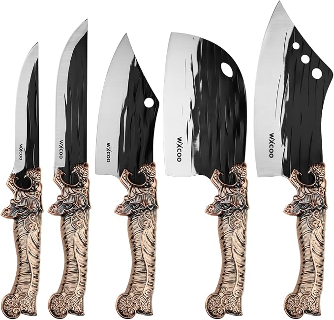 5PCS Butcher Knife Set for Chef, Butchering, Meat Processing, BBQ Cutting and Fillet, High Carbon Steel Hand Forged Knives, Cleaver & Bone Chopper, Dragon Bolster, Wood-Grain Handle - Bronze