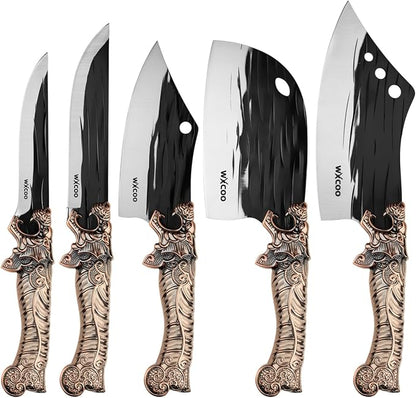 5PCS Butcher Knife Set for Chef, Butchering, Meat Processing, BBQ Cutting and Fillet, High Carbon Steel Hand Forged Knives, Cleaver & Bone Chopper, Dragon Bolster, Wood-Grain Handle - Bronze