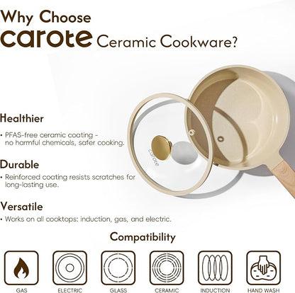 CAROTE 1.5Qt & 2.5Qt Sauce Pan Sets with Lid Ceramic Nonstick Pot Set Non Toxic Saucepan with Stay-cool Handle Small Kitchen Cooking Pots, Easy to Clean, Induction Comptable, PFOA FREE