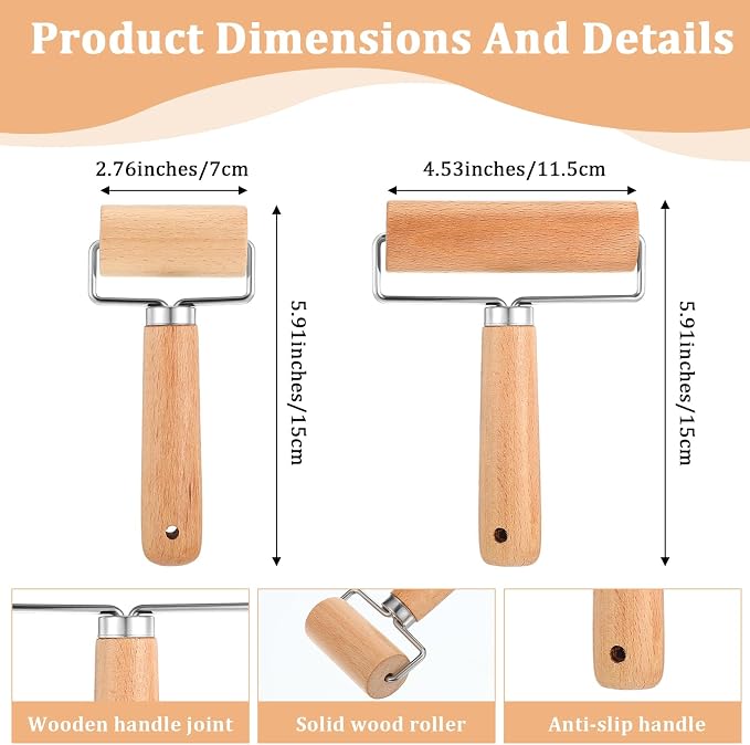 2 Pcs Baking Wooden Rolling Pins T-shape Pizza Dough Roller Pin Non-Stick Baker Pastry Roller Set for Tortilla Cookie Dumpling Home Kitchen Baking Cooking
