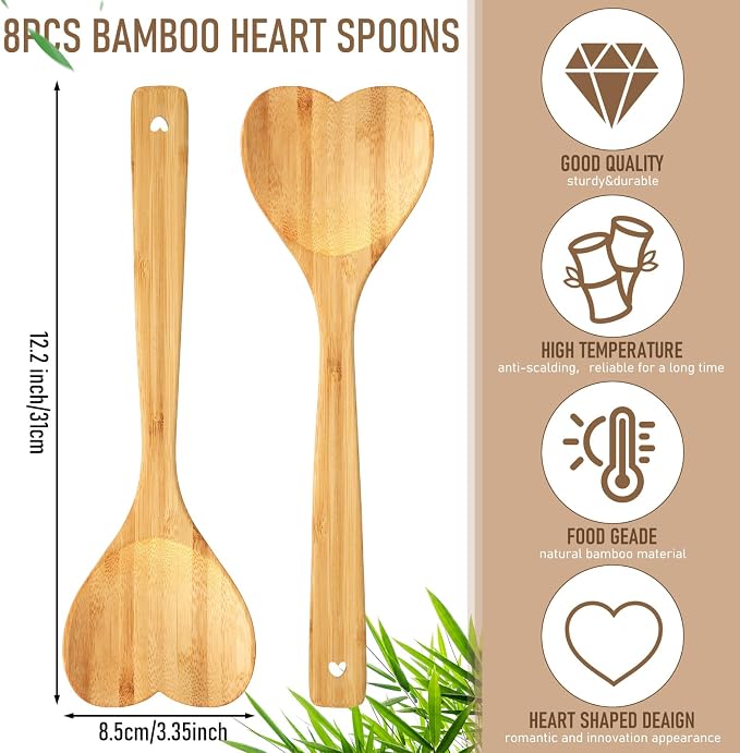 Heart Shaped Wooden Spoon 12 Inch Bamboo Kitchen Utensils Love Heart Spatula Kitchen Serving Spoons for Mixing Cooking Baking Stirring Hostess Gifts Mother's Day Wedding (20 Pcs)