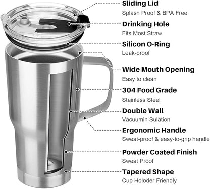 20 oz Tumbler with Handle, Stainless Steel Insulated Tumbler with Lid and Straw, Double Wall Vacuum Coffee Mug Tumbler, Insulated Coffee Thermal Cup for Cold and Hot (Silver)