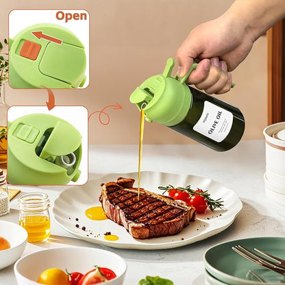 mqnxoi Oil Sprayer for Cooking, 2 in 1 Olive Oil Dispenser Bottle for Kitchen, 16oz/470ml Premium Glass, Food-grade Oil Mister for Air Fryer, Salad, Frying, BBQ (Green + Dark Green Bottle)
