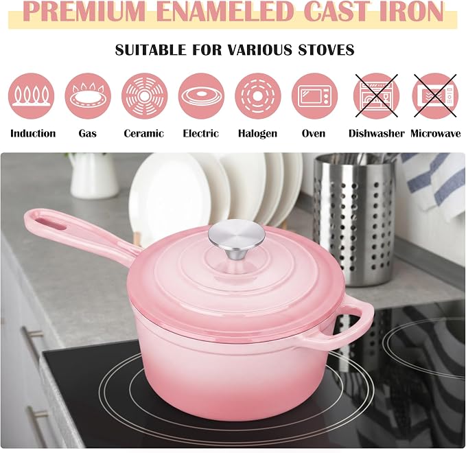 E-far Enameled Cast Iron Sauce Pan, 2 Quart Dutch Oven Saucepan with Lid, Small Sauce Pot for Cooking, Boiling, Healthy & Non Toxic, Induction & Oven Safe, Pink