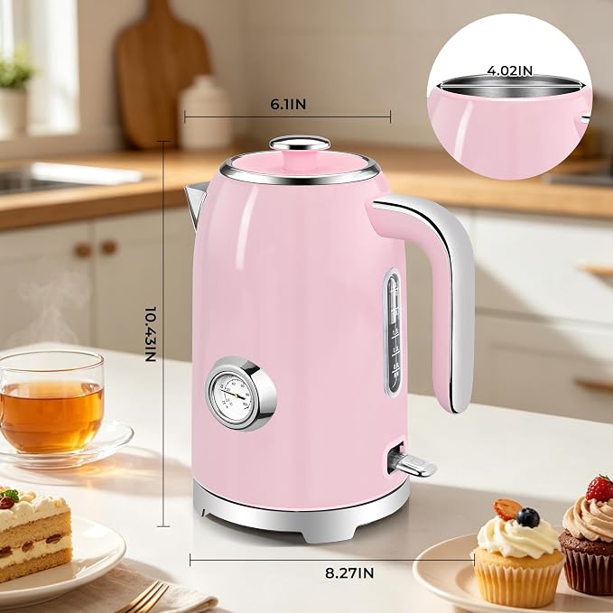 SUSTEAS Electric Kettle - 57oz Hot Tea Water Boiler with Thermometer, 1500W Fast Heating Stainless Steel Pot, Cordless LED Indicator, Auto Shut-Off & Boil Dry Protection, Pink