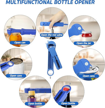 Jar Opener for Seniors with Arthritis, 7 in 1 Bottle Opener and Wine Corkscrew, Easy Grip Kitchen Gadget for Weak Hands Elderly, Retractable Jaw Lid Opener with Magnetic Storage (Blue)