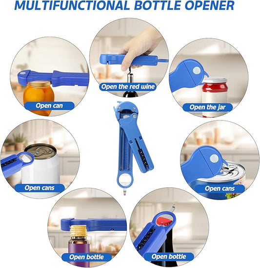 Jar Opener for Seniors with Arthritis, 7 in 1 Bottle Opener and Wine Corkscrew, Easy Grip Kitchen Gadget for Weak Hands Elderly, Retractable Jaw Lid Opener with Magnetic Storage (Blue)