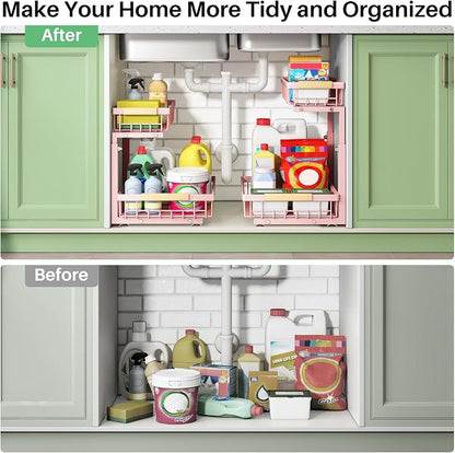 Kitstorack Under Sink Organizer, 2 Tier Under the Sink Storage, Slide out Pull out Cabinet Organizer Shelf, Metal Sliding Drawer for Kitchen Bathroom Pantry Closet Organization Rack, Pink, 1 Pack
