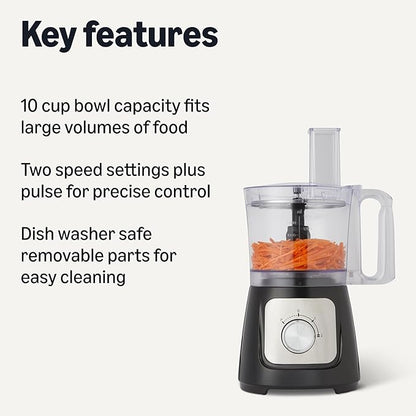 Amazon Basics Food Processor and Vegetable Chopper with 10 Cup Bowl, 2-Speed, 500 Watt Motor, Pulse Function, Dishwasher Safe Parts, Black