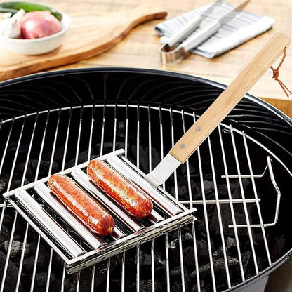 KAYCROWN Hot Dog Roller Sausage Rack with Extra Long Wood Handle, BBQ Griller For Evenly Cooked Dogs, 5 Capacity, Silver