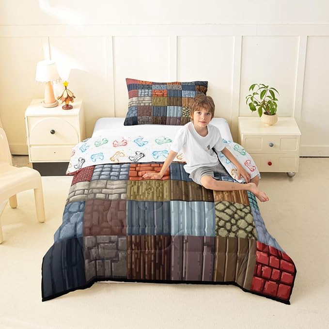 Manfei Cartoon Gamepad Bedding Set Toddler Size -Block Theme Comforter Set for Kids Teens Bedroom Decor Video Game Soft Polyester Quilt Duvet Vintage Wooden Plank Duvet Insert,1 Pillowcase