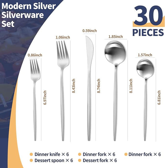 Matte Silverware Set, 30 Piece Stainless Steel Modern Flatware, Brushed Cutlery Service for 6, Satin Finish Utensils, Home Kitchen and Restaurant, Dishwasher Safe (Silver)