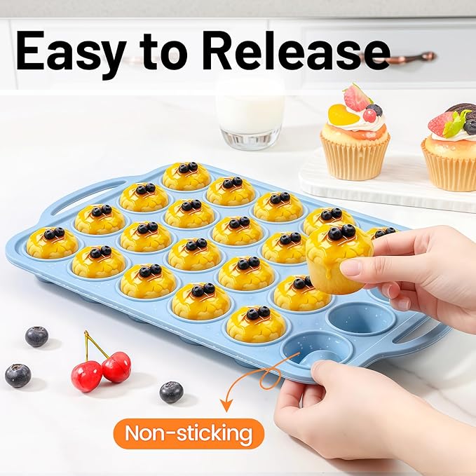 CAKETIME Mini Muffin Pan, Metal Reinforced Frame Mini Cupcake Pans 24 Cups Nonstick Muffin Silicone Molds with Handle for Baking Muffins, Cupcakes, Egg Bites 2 Pack