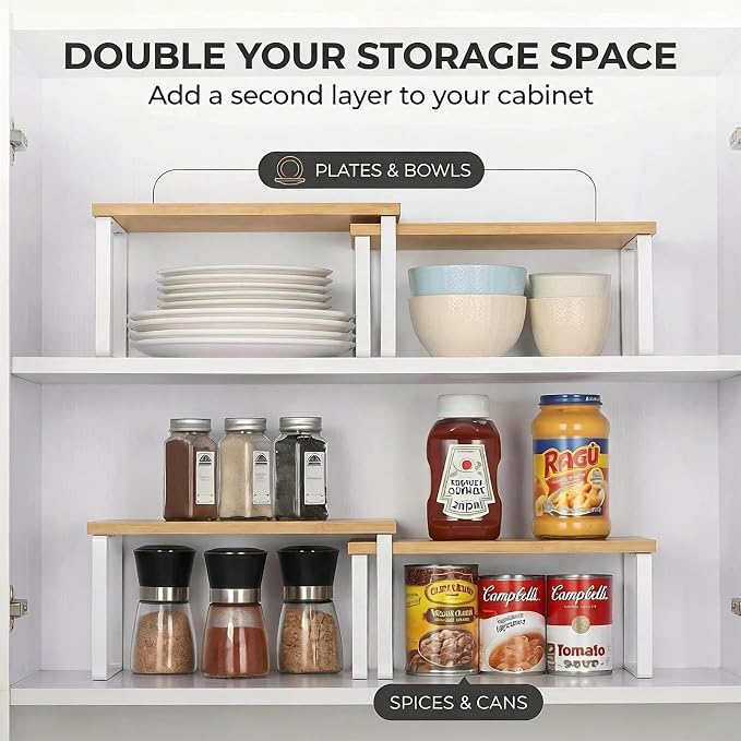 Kitchen Cabinet Organizer Shelf, Set of 4 Stackable Spice Rack Storage, Heavy Duty Metal & Wood Countertop Display Stand for Seasoning Bottles, Jars & Pantry Essentials（Bamboo）