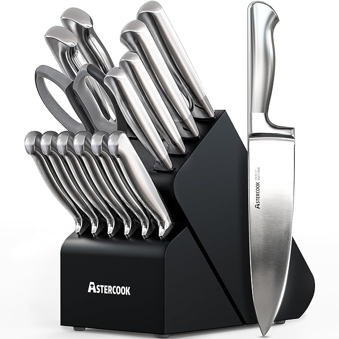 Astercook Knife Set, 15 Piece German Steel Kitchen Knife Set with Built-in Sharpener, One-Piece Knife Block Set Rust-Resistant Dishwasher Safe Block Knives Set for Cooking & Gift (Midnight Black)