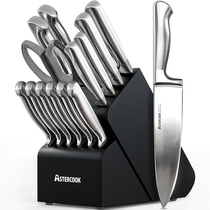 Astercook Knife Set, 15 Piece German Steel Kitchen Knife Set with Built-in Sharpener, One-Piece Knife Block Set Rust-Resistant Dishwasher Safe Block Knives Set for Cooking & Gift (Midnight Black)