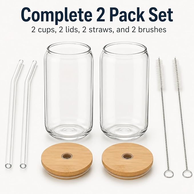 Glass Cups with Lids and Straws 2 Pack, 16 oz Iced Coffee Cups with Bamboo Lids, Reusable Glass Straws and Brushes for Matcha, Soda, Tea and Milk Tea
