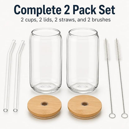 Glass Cups with Lids and Straws 2 Pack, 16 oz Iced Coffee Cups with Bamboo Lids, Reusable Glass Straws and Brushes for Matcha, Soda, Tea and Milk Tea