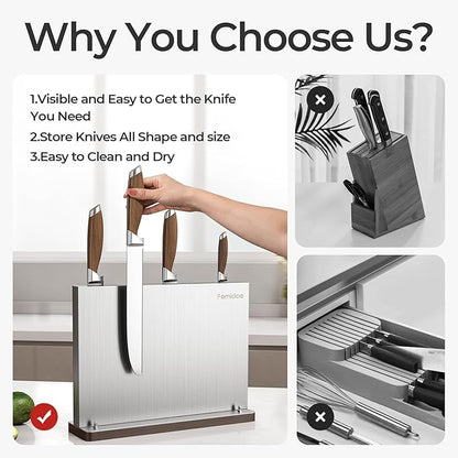 Magnetic Knife Block Without Knives,Stainless Steel Magnetic Knife Holder Rack for Kitchen Counter,Strong Double Sided Magnet Knife Storage Stand with Wood Base