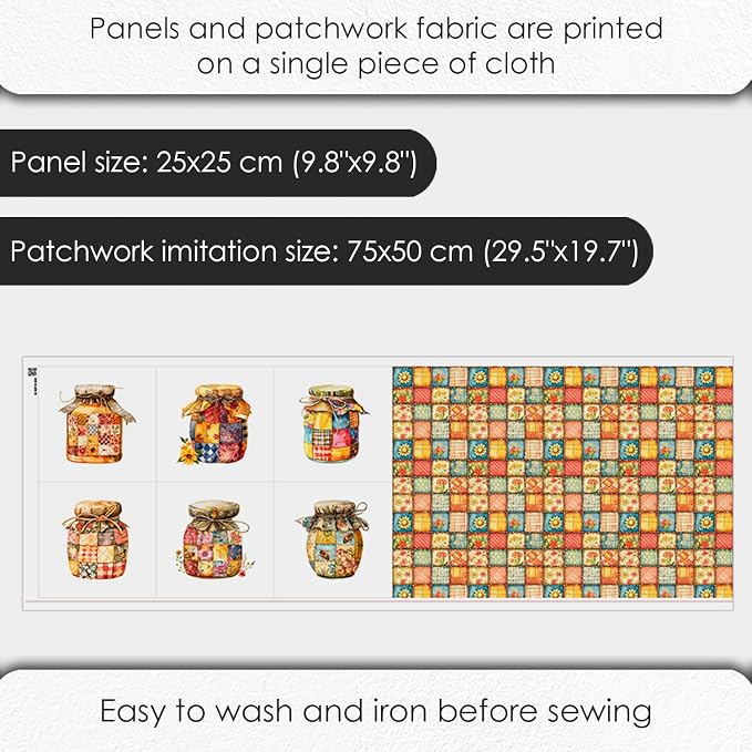 Patchwork Honey Jar Cotton Fabric Panel – 6 Designs (10×10 inch Each) + Bonus Sheet 29.5×19.6 inch, 100% Cotton 140 GSM, Made in Türkiye