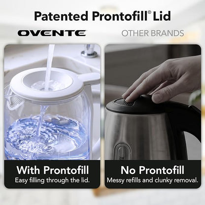 OVENTE Electric Kettle with 1.5L Borosilicate Glass, 1500W Fast Boiling Water Heater for Coffee or Tea, Easy to Fill Lid, Auto Shut-Off, Boil-Dry Protection & Stainless Steel Filter, White KG516W