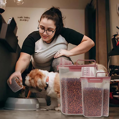 LEAWALK 5-7Lbs Dog Cat Food Storage Container with Upgraded Large Nozzle BPA-free, 4 Snap Seals Plastic Pet Food Storage Containers with Handles (Clear Pink, (5L+3L) 2pack)