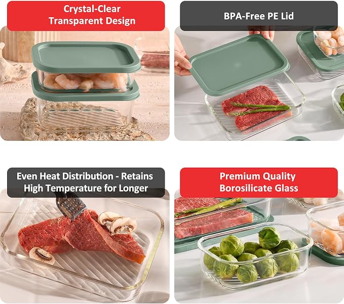 EATEX Grooved Base Glass Meal Prep Containers, 6 Pack Glass Storage Containers with Lids for Meal Prep & Lunch, Microwave Oven Freezer Dishwasher Safe, Anti Moisture Non-Stick Design - Sage Green