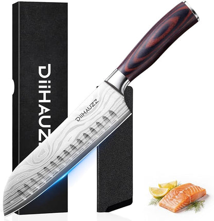 DiiHAUZZ Santoku Knife 7 Inch, Japanese Chef Knife with Ultra Sharp Hollow Edge, High Carbon Steel Forged Professional Kitchen Knives with Ergonomic Pakkawood Handle and Sheath, Gift Box