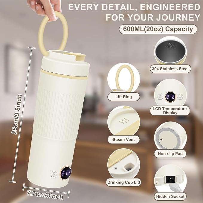 Portable Electric Kettle, 600ML Mini Hot Water Boiler Heater, Travel Kettle with 6 Temperature Settings, 304 Stainless Steel Portable Bottle Warmer with Auto Shut-Off & Boil-Dry Protection
