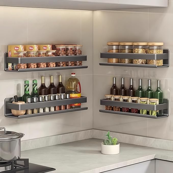 Adhesive Wall Mount Spice Rack Carbon Steel, No-Drill Dark Gray Wall Spice Racks for Kitchen, Multi-Purpose Spice Storage Organizer, Kitchen Bathroom Storage Shelf for Countertop Cabinet