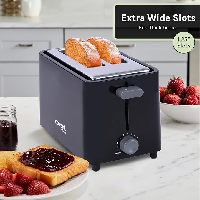 Courant 2-Slice Toaster Cool Touch with Extra Wide Slots For Bread, Bagels & Waffle with 6 Adjustable Shade Settings, Crumb Tray & Cancel Function Extra-Lift Feature, compact Design - Black