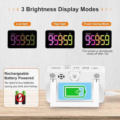 PERSUPER Kitchen Digital Timer, Count Down Up, Rechargeable, Vibration Mode Adjustable Volume and Brightness LED Display, Time Management Cook, Desk, Kids Adults Study Teaching, Kitchen Gadgets RGB