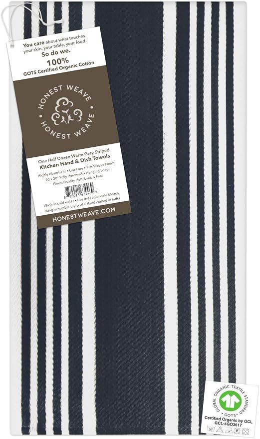 HONEST WEAVE GOTS Certified Organic Cotton Kitchen Hand and Dish Towel Sets - Oversized 20x30 inches, Fully Hemmed, in Designer Colors, 6-Pack, Black Stripe