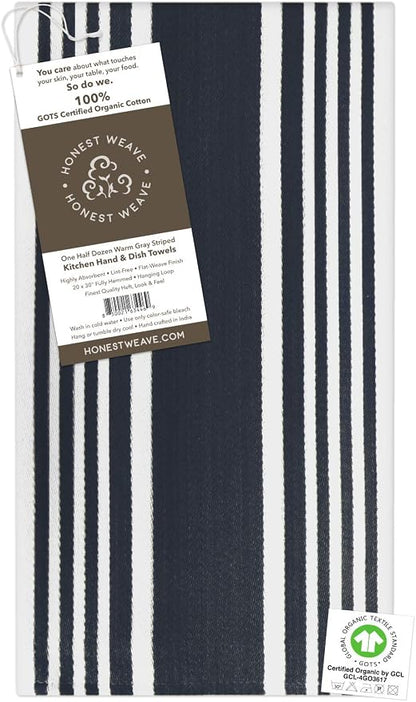 HONEST WEAVE GOTS Certified Organic Cotton Kitchen Hand and Dish Towel Sets - Oversized 20x30 inches, Fully Hemmed, in Designer Colors, 6-Pack, Black Stripe