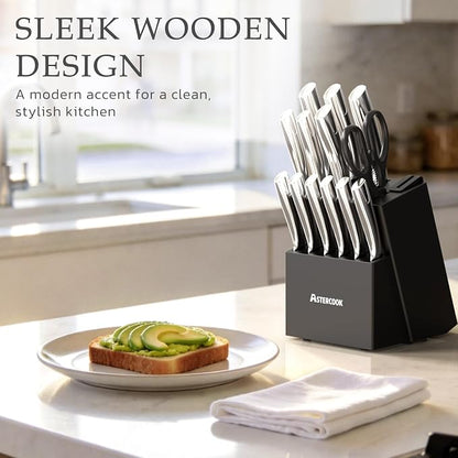 Astercook Knife Set, Kitchen Knives Set with Block and Sharpener Full Tang 15 Pcs Stainless Steel Knives, Dishwasher Safe Knife Set with Anti-slip Ergonomic Handle, Black, Fathers Day Gift for Men