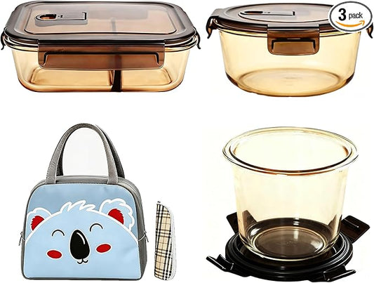 3-Piece Glass Food Storage Container Set, Microwave & Freezer Safe Lunch Containers for Kitchen Organization