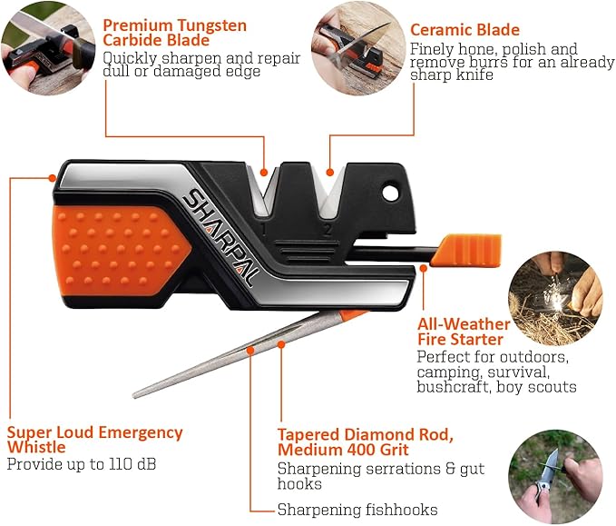 SHARPAL 101N 6-in-1 Pocket Knife Sharpener & Survival Tool – Diamond Sharpening Rod, Fire Starter Ferro Rod, Whistle – Sharpens Straight & Serrated Blades, Repairs & Hones Knives Fathers Day Gift