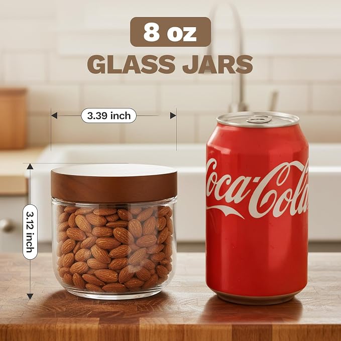 Bumobum 8 oz Glass Mason Jars with Lids, Small Glass Container with Acacia Wood Airtight Lid, Wide Mouth Canisters for Chia Pudding Loose Tea Coffee Salad Snacks Yogurt Spice, 2-Pack